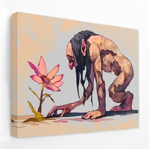 a painting of a man kneeling down next to a flower