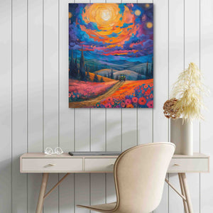 a painting on a wall above a desk