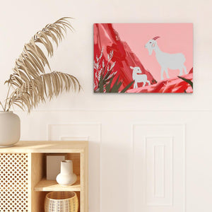 a painting of a goat and a dog on a pink background