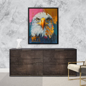 a painting of an eagle on a wall above a dresser