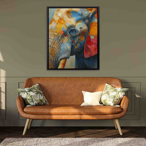 a painting of an elephant on a wall above a couch