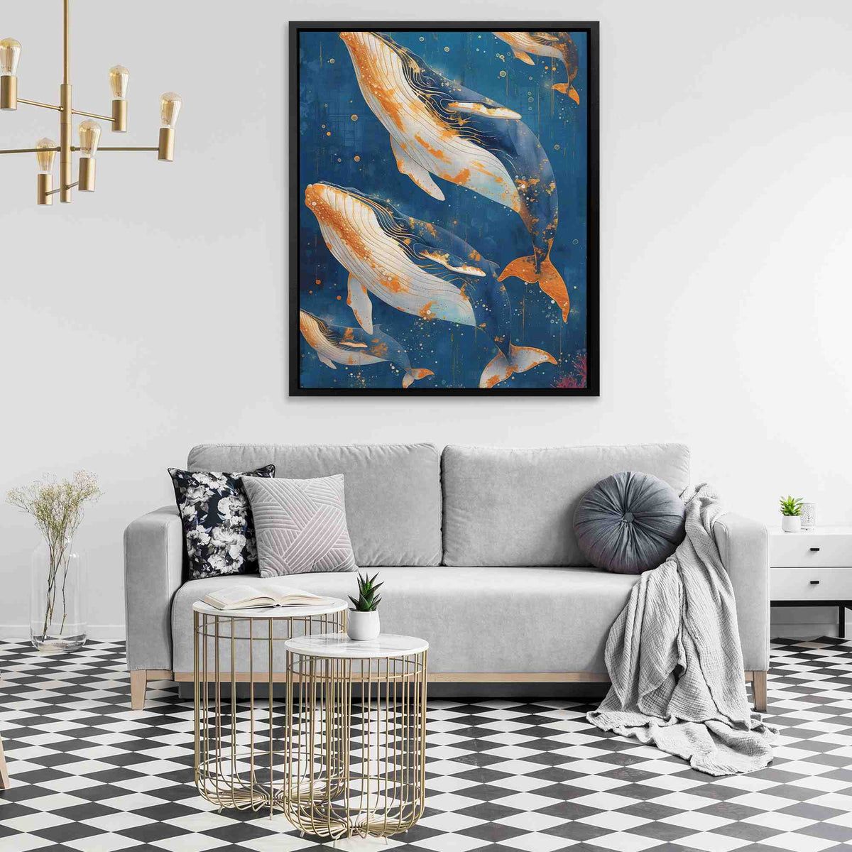 a living room with a couch and a painting on the wall