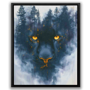 a painting of a wolf with glowing eyes