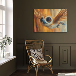 a painting of a bird on a wall next to a chair