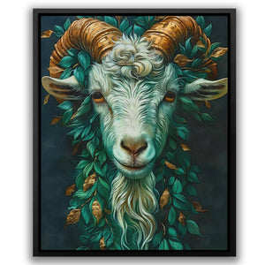 a painting of a goat with long horns