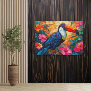 a painting of a toucan on a wooden wall