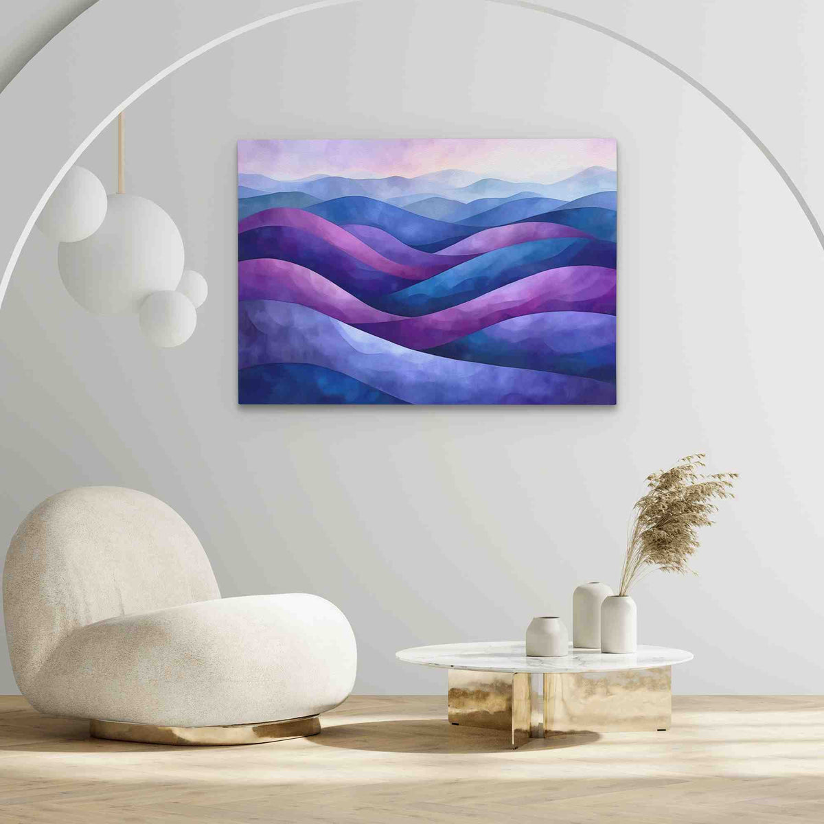 a living room with a painting on the wall