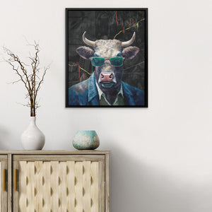 a painting of a bull wearing sunglasses on a wall