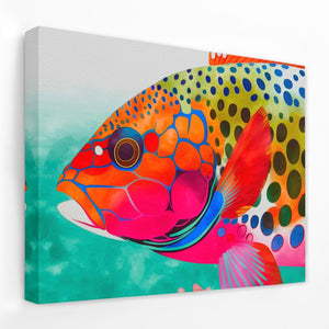 a painting of a colorful fish on a white wall