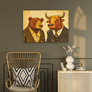 a painting of two bulls in suits on a wall