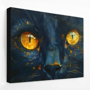 a painting of a black cat with yellow eyes