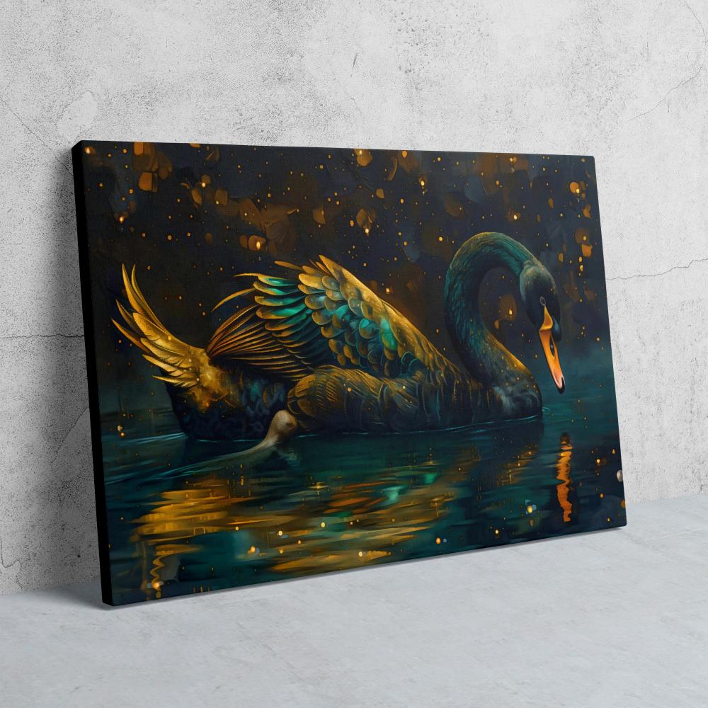 a painting of a swan floating on a body of water