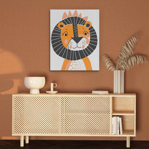 a picture of a lion on a wall above a cabinet