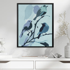 a painting of three birds sitting on a tree branch