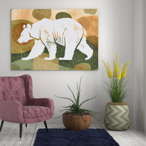 a painting of a bear on a wall next to a chair