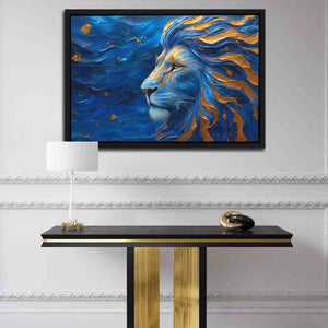 a painting of a lion on a wall above a table