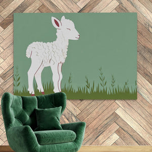 a sheep is standing in a room with a green chair