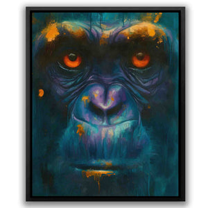 a painting of a gorilla with orange eyes