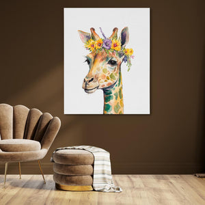 a giraffe with a flower crown on its head