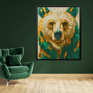 a painting of a bear in a green room