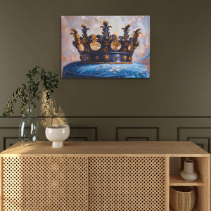 a painting of a crown sitting on top of a wooden cabinet