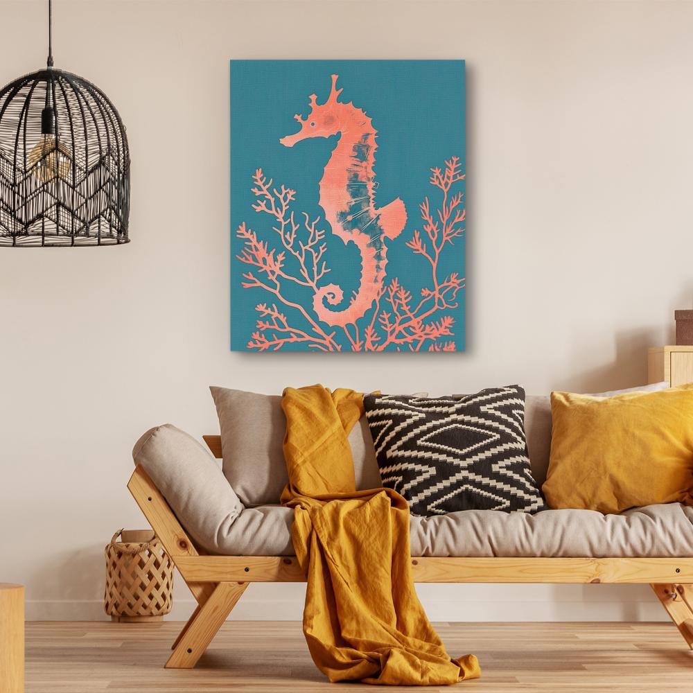 a painting of a sea horse on a blue background