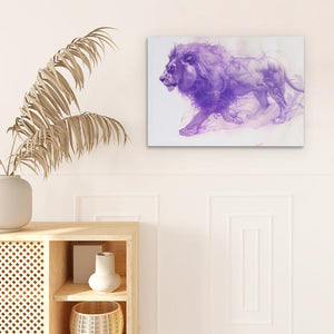 a picture of a purple lion on a white wall