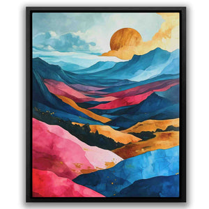 a painting of mountains with a sun in the background