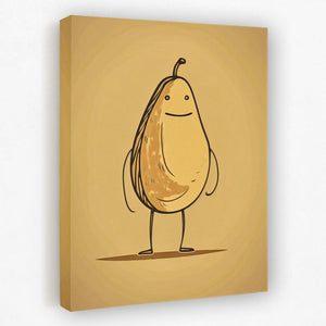 a cartoon pear standing in front of a yellow background