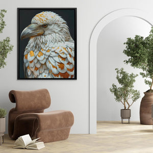 a painting of a bird is hanging on a wall