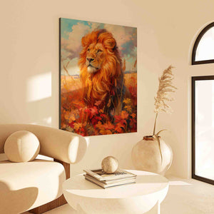 a living room with a painting of a lion on the wall