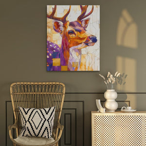 a painting of a deer on a wall next to a chair