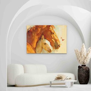 a painting of two horses in a living room