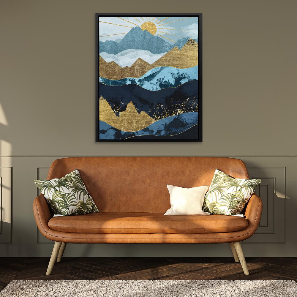 a painting of mountains with a sun in the sky