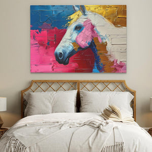 a painting of a horse on a wall above a bed