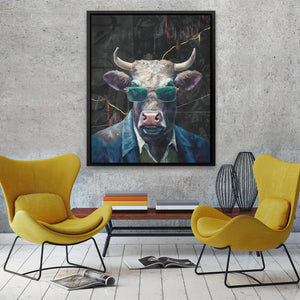 a painting of a bull wearing sunglasses in a living room