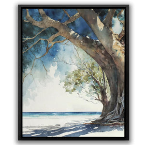 a painting of a tree on a beach