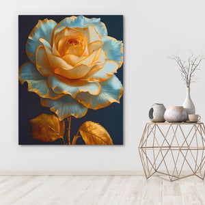 a painting of a yellow and blue rose