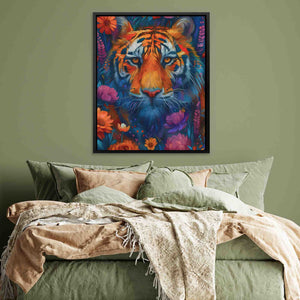 a painting of a tiger on a green wall above a bed