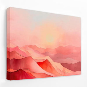 a painting on a wall of a pink and red landscape