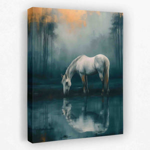 a painting of a white horse drinking water