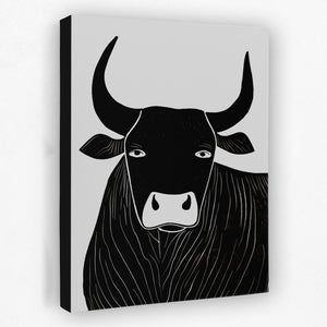 a black and white picture of a bull with horns