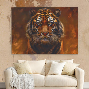 a painting of a tiger on a wall above a couch