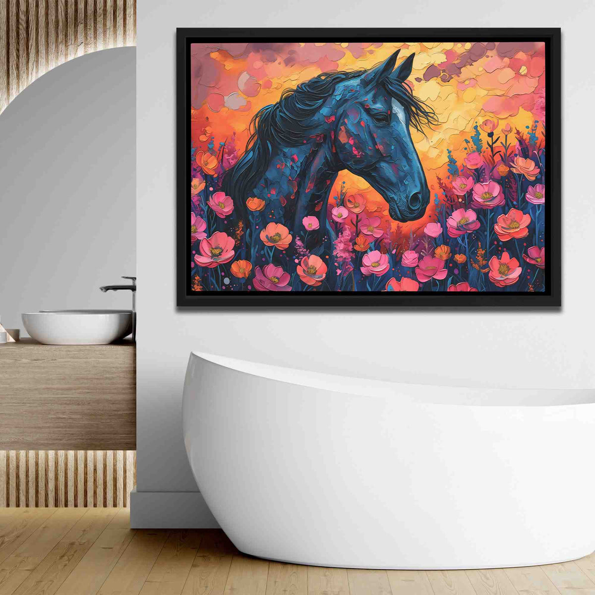 a painting of a horse in a field of flowers