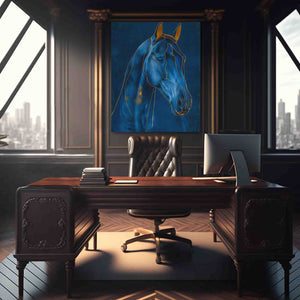 a painting of a blue horse on a wall above a desk