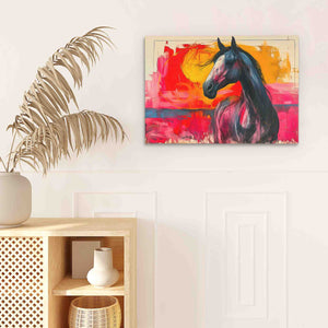 a painting of a horse is hanging on a wall