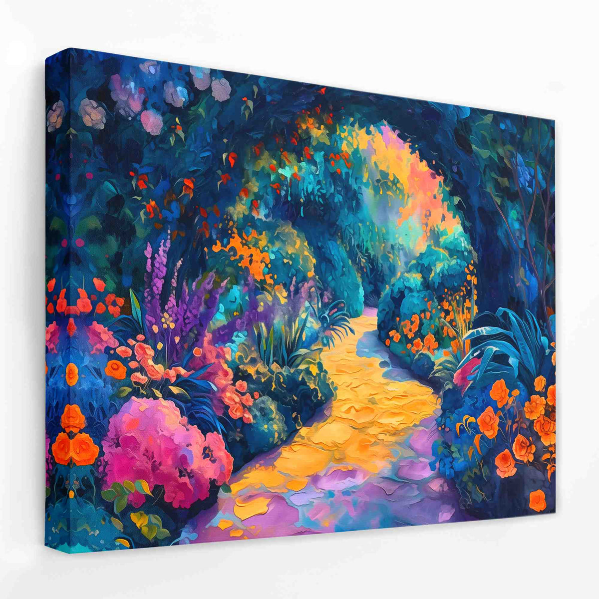 a painting of a garden with flowers and trees