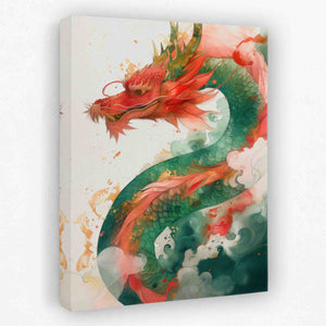 a painting of a red and green dragon on a white background