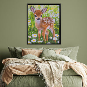 a painting of a deer in a field of daisies