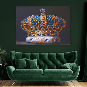 a painting of a crown on a green couch